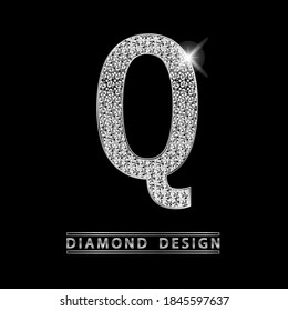 Q silver shining Letter with diamonds vector illustration. White gems with light on metallic letter. Stylish luxury type logo for jewelry or casino business.