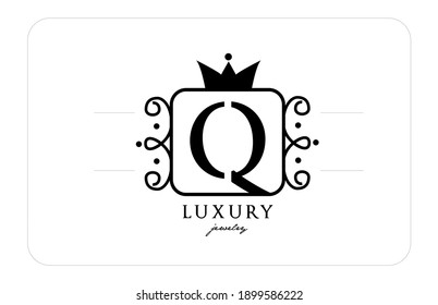 Q simple monogram alphabet letter logo in black and white. Creative icon design with king crown for luxury business and company 