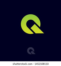 Q simple monogram. Q logo. Green-yellow letter on a dark background. Geometric figures like stamp.