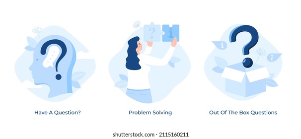 Q and A and solving problems bundle - human head with interrogation point inside, woman assembling jigsaw puzzle pieces, question mark coming out of box. Modern flat vector illustrations for banner.
