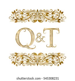 Q and T vintage initials logo symbol. The letters are surrounded by ornamental elements. Wedding or business partners monogram in royal style.