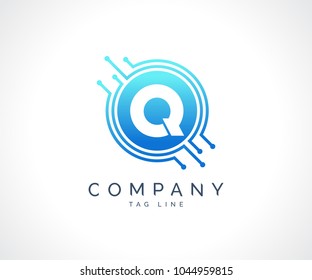 Q Technology Circuit Alphabet. Logo. Simple, modern, futuristic. With Blue Gradation Color.