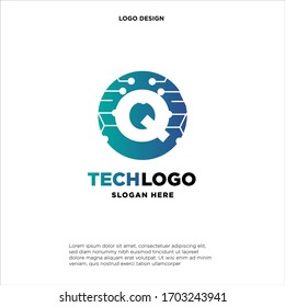 Q Technology Circuit Alphabet. Logo. Simple, modern, futuristic. With Blue Gradation Color.