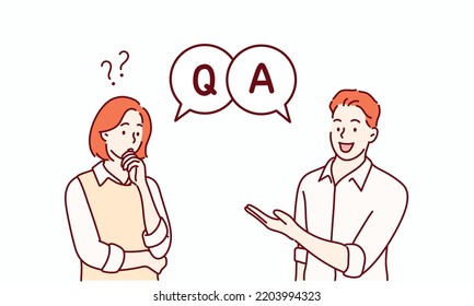 Q and A texts and men and women. QnA. Hand drawn style vector design illustrations.