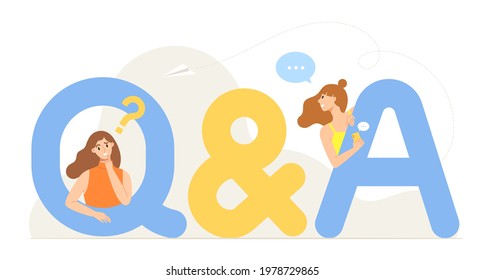 Q And A With Two Girl; Question And Answer Banner Sign. Concept Of People Asking To Online Support Center Via Smartphone Or Laptop. Support Service. Flat Vector Illustration Character.
