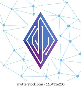 Q U Initial letter block chain logo icon vector template. Looping mono line circuit letter on rhombus cube logo