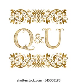 Q and U vintage initials logo symbol. The letters are surrounded by ornamental elements. Wedding or business partners monogram in royal style.