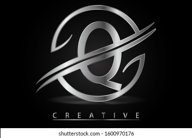 Q uppercase letter with silver metallic texture on round frame. Platinum symbol for icon, logo, label, company name, cover, brochure, card, font, luxury business, jewelry or web page design element.