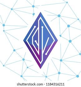 Q V Initial letter block chain logo icon vector template. Looping mono line circuit letter on rhombus cube logo