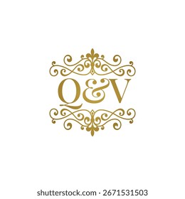 Logotipo de las iniciales Q V adorno dorado. Letra BD símbolo de ampersand de boda o socio de negocios