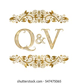 Q and V vintage initials logo symbol. The letters are surrounded by ornamental elements. Wedding or business partners monogram in royal style.