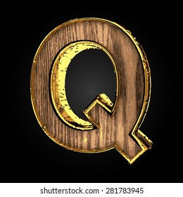 q vector golden letter with wood