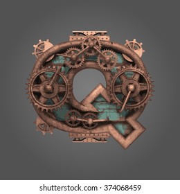 q vector rusted letter with gears