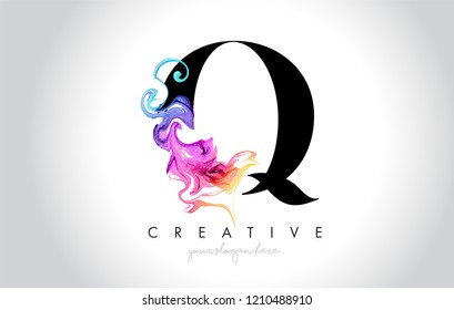 Q Vibrant Creative Letter Logo Design with Colorful Smoke Ink Flowing Vector Illustration.