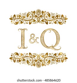 I and Q vintage initials logo symbol. The letters are surrounded by ornamental elements. Wedding or business partners monogram in royal style.