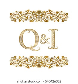 Q and I vintage initials logo symbol. The letters are surrounded by ornamental elements. Wedding or business partners monogram in royal style.