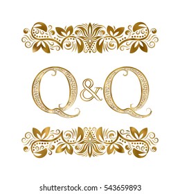 Q and Q vintage initials logo symbol. The letters are surrounded by ornamental elements. Wedding or business partners monogram in royal style.