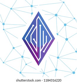 Q W Initial letter block chain logo icon vector template. Looping mono line circuit letter on rhombus cube logo