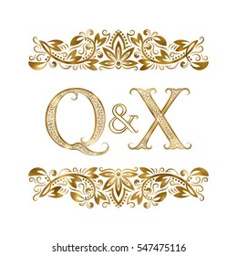 Q and X vintage initials logo symbol. The letters are surrounded by ornamental elements. Wedding or business partners monogram in royal style.