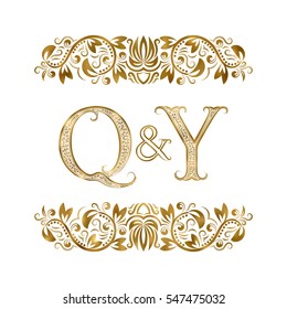 Q and Y vintage initials logo symbol. The letters are surrounded by ornamental elements. Wedding or business partners monogram in royal style.