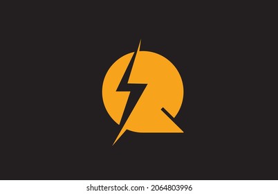 Q yellow black alphabet letter logo icon. Electric lightning design for power or energy company