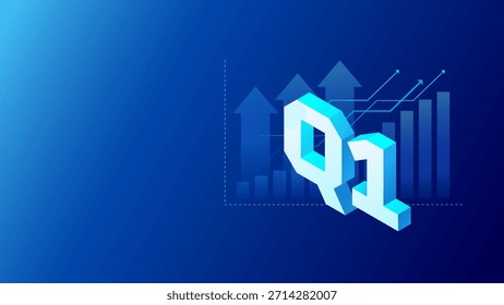 Q1 business presentation background with Q1 isometric lettering, and arrows up financial growth on dark blue background. Vector modern illustration for the first quarter business presentations slides