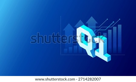 Q1 business presentation background with Q1 isometric lettering, and arrows up financial growth on dark blue background. Vector modern illustration for the first quarter business presentations slides