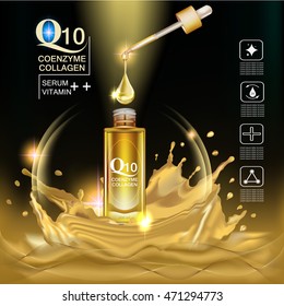 Q10  coenzyme , collagen and Serum , Background Vector Concept with dropper , gold water drop and gold package  in lighting effect ellipse