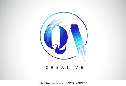 QA Brush Stroke Letter Logo Design. Blue Paint Logo Leters Icon with Elegant Circle Vector Design.
