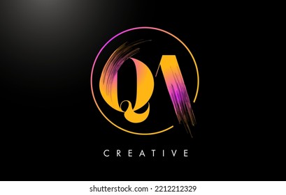 QA Brush Stroke Letter Logo Design. Orange Purple Paint Logo Leters Icon with Elegant Circle Vector Design.