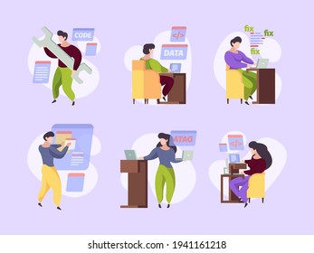 Qa. Characters testing app programmers working vector illustrations