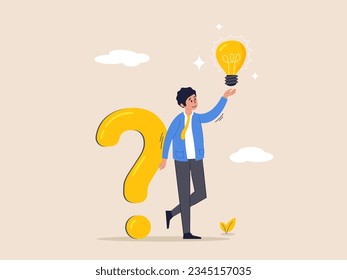 Concepto de control de calidad. Preguntas y respuestas, preguntas y una o solución para resolver problemas, preguntas frecuentes, ayuda o idea de pensamiento creativo. Empresario inteligente con signo de interrogación y bombilla