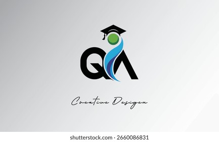 Logotipo da carta criativa de QA com tampa de graduação e humano abstrato - educação moderna e design do símbolo de aprendizagem