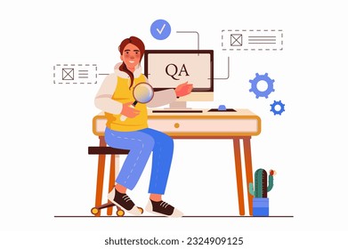 QA engineer concept with people scene in the flat cartoon style. The employee monitors the quality of application development. Vector illustration.