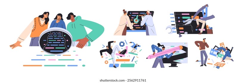 QA engineers concept set. Software testers check errors, testing code. Programmers do review, search and fix bugs, data mistakes on computer. Flat isolated vector illustrations on white background