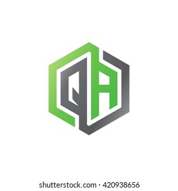 QA initial letters looping linked hexagon logo black gray green