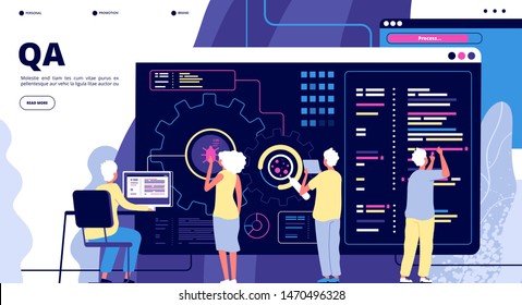 QA-Landung. Qualitätssicherung für Softwaretests. Menschen, die Fehler im Hardware-Gerät beheben. Vektorwebseitendesign. Illustration des QA-Teams, Qualitätssicherungssoftware