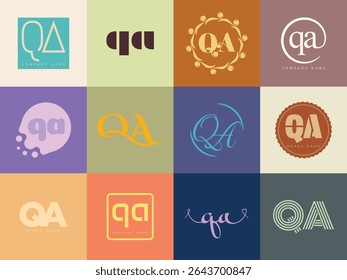 QA logo company template. Letter q and a logotype. Set different classic serif lettering and modern bold text with design elements. Initial font typography. Collection trendy business identity.