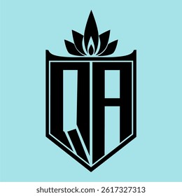 QA Logo featuring a minimalist design with a crown-like flower symbol on top, bold black elements, and a soft blue background, perfect for branding and modern visual identity.