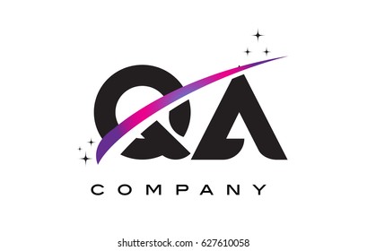 QA Q A Black Letter Logo Design with Purple Magenta Swoosh and Stars.