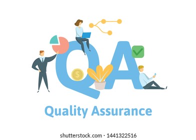 QA, Quality Assurance. Concept with keywords, letters and icons. Colored flat vector illustration. Isolated on white background.