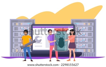 QA, quality assurance concept. Software testing illustration. Testers found a bug. Developer programmer with a screwdriver.  QA engineer looking for mistakes defects in code. Flat vector illustration.