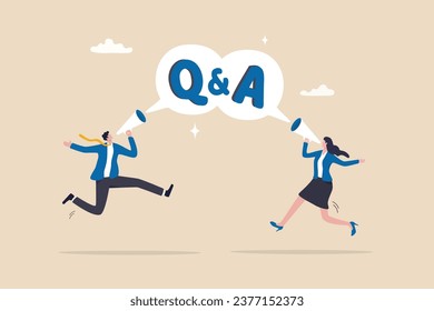 QA, question and answer session, FAQ or frequently asked questions, information to solve problem concept, businessman and woman shouting on megaphone as Q and A on speech bubble.