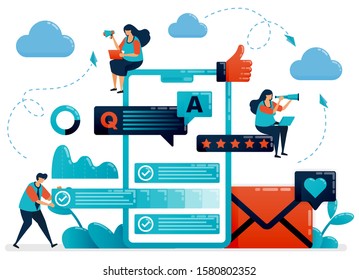 Q&a or question and answer to users to get feedback. Mobile survey apps to improve service. Fill out essay and questionnaire. Flat cartoon character for landing page, website, mobile, flyer, poster