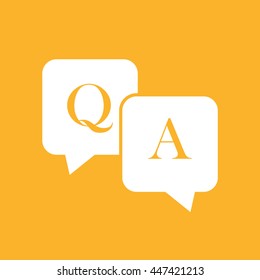 Q&A questions answers vector icon. Speech bubbles with question and answer. Yellow background