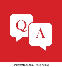 Q&A questions and answers vector icon. Speech bubbles with question and answer. Red background
