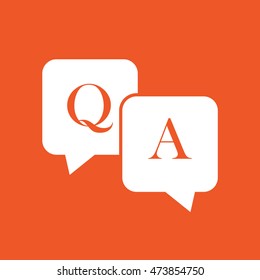 Q&A questions and answers vector icon. Speech bubbles with question and answer. Orange background