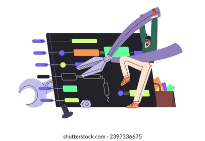QA software engineer fix bug, error. Tester with big pliers debugging script. Programmer testing, review algorithm. Mistakes in development. Programming flat isolated vector illustration on white