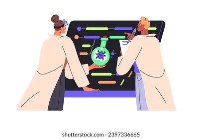 QA software engineers inspect code. Testers research error. Scientist hold vial with bug. People, programmers search mistake in program. Programming flat isolated vector illustration on white