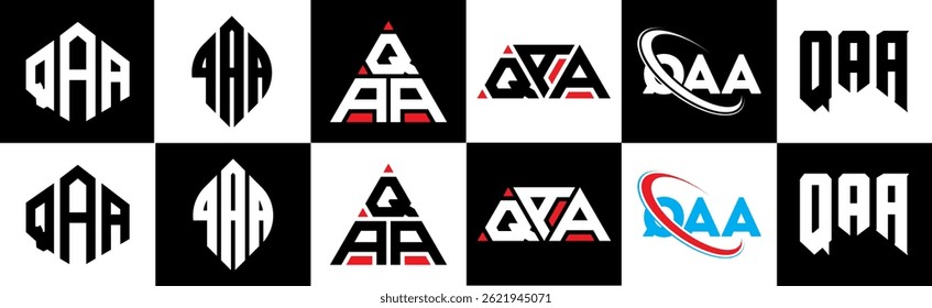 QAA letter logo design in six style. QAA polygon, circle, triangle, hexagon, flat and simple style with black and white color variation letter logo set in one artbQArd. QAA minimalist and classic logo